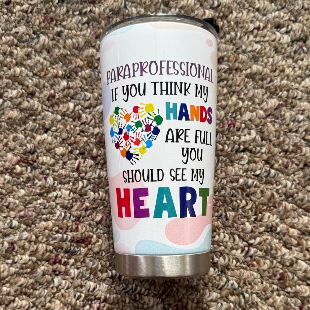 Amazon White Tumbler with Multicolor Handprint Heart Design